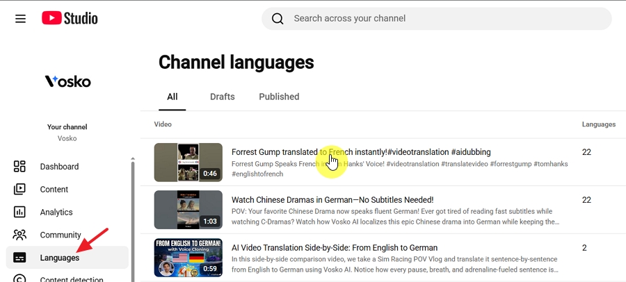 Click Languages from the left navigation menu