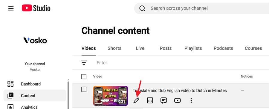 Click the pencil icon on the video you want to edit