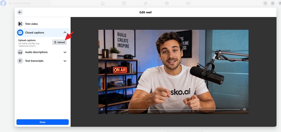 Select Captions, then upload the SRT file