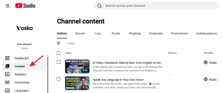 Click Content on the left menu