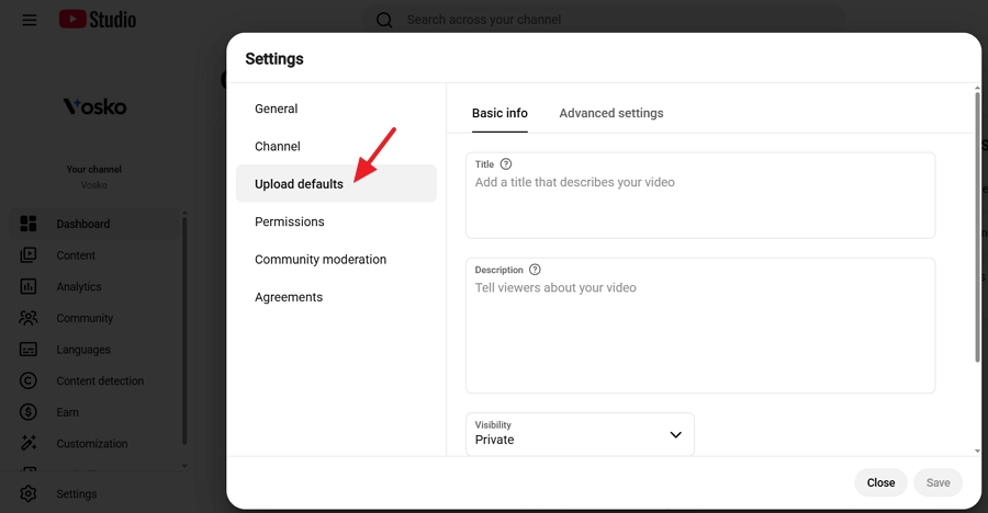 Select Upload defaults from the menu