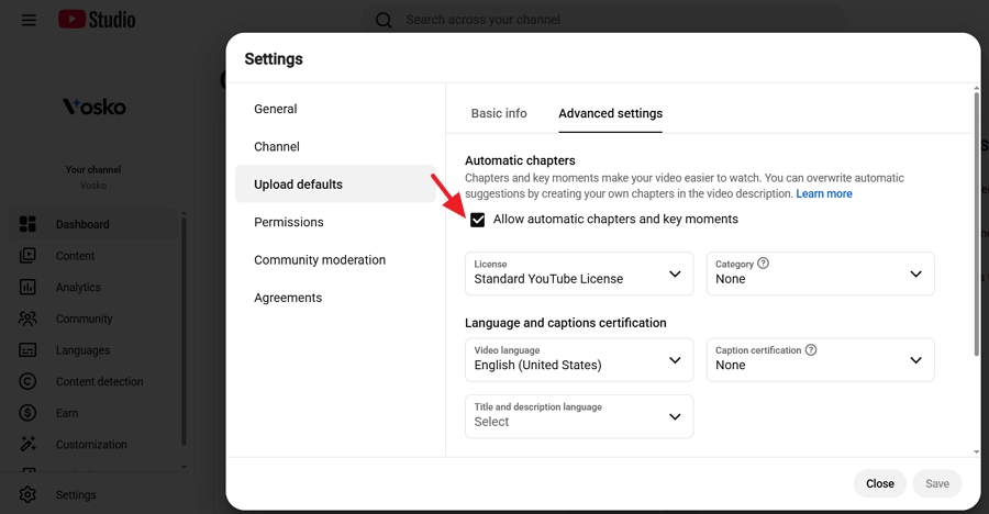 Check the box under Allow automatic chapters and key moments