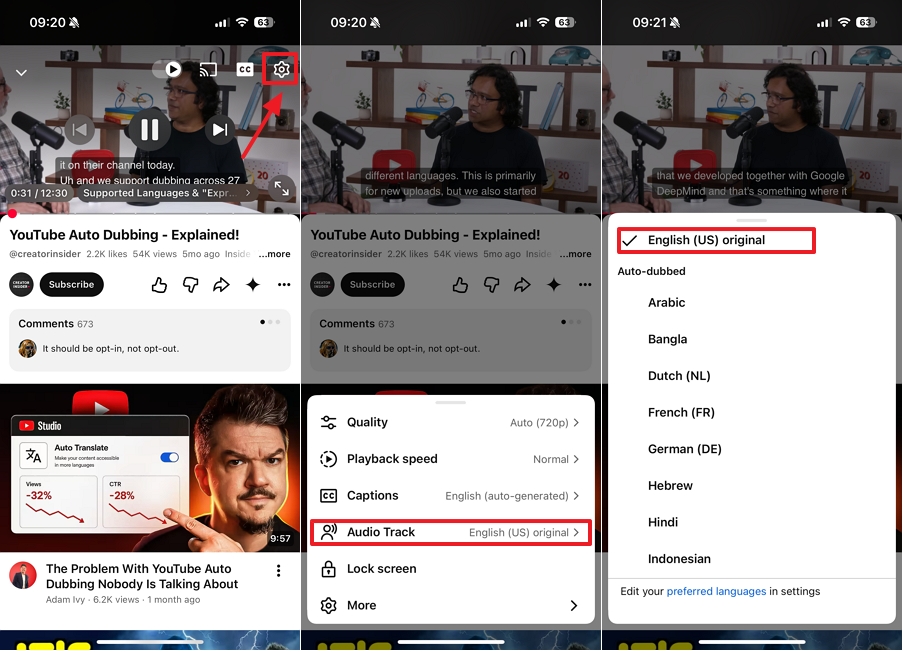 Disable Auto Dubbing for a Currently Playing Video on mobile