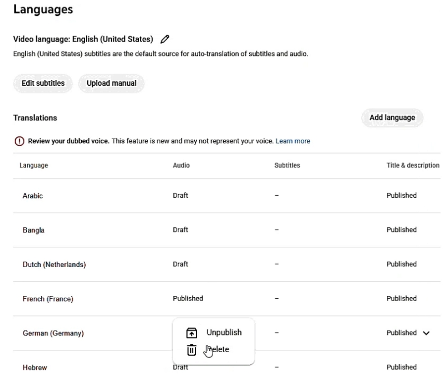 Manage Automatic Dubbing for a Video