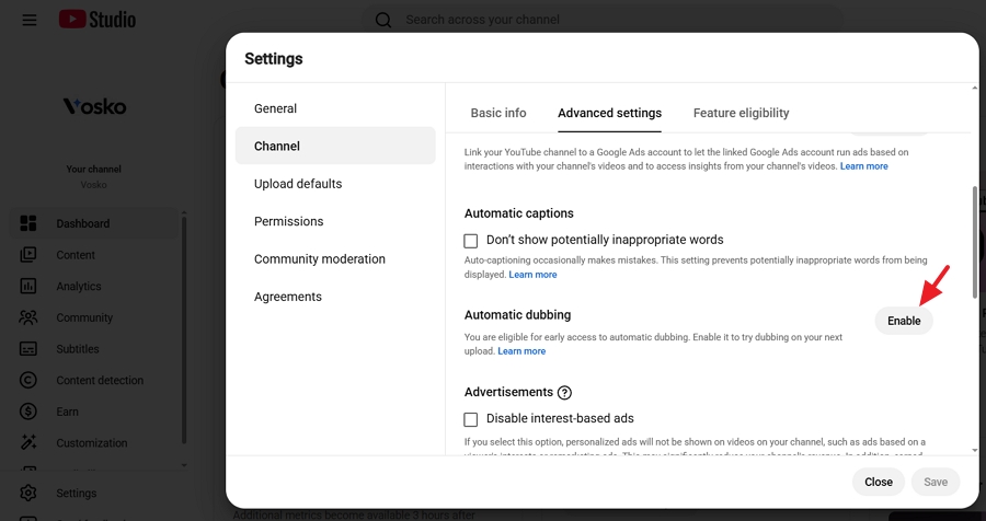 Enable youtube Automatic Dubbing