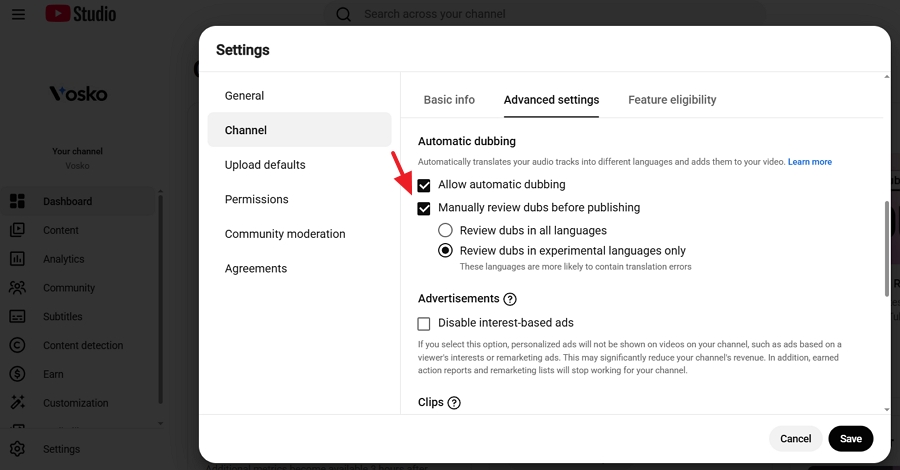 Check Allow automatic dubbing and click Save
