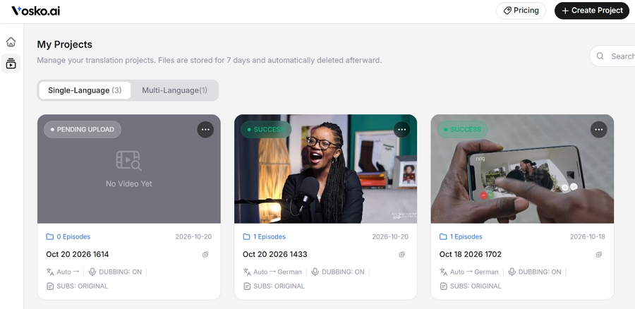 Vosko keeps a shortcut to its translation dashboard on those screens