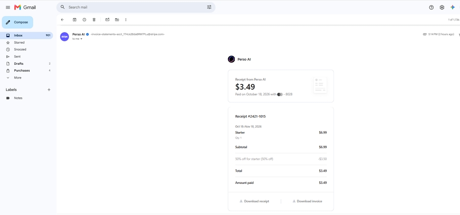Our Perso AI Starter plan receipt