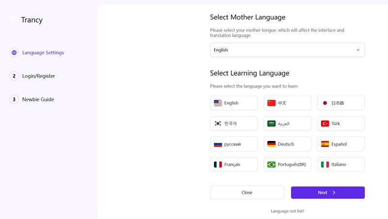 selecting your mother language and your target learning language
