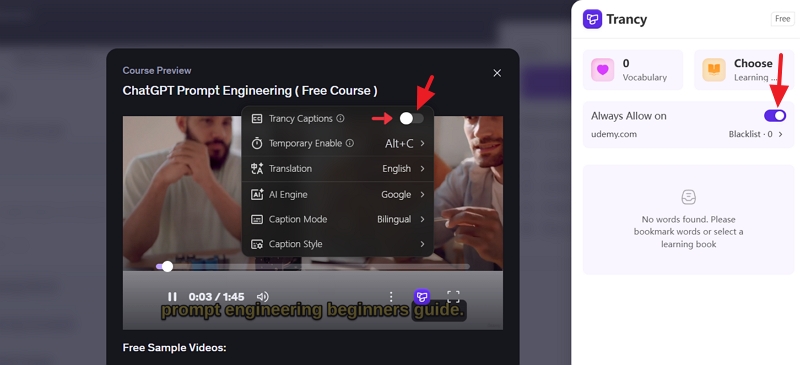 toggle Always allow on and Trancy captions on