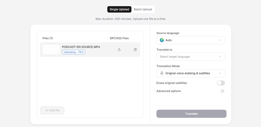 Click Upload and import your video or audio file