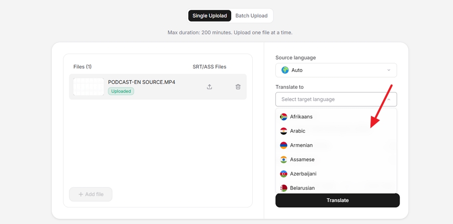 Select the source and target language.