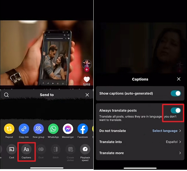 turn off auto-translation directly from the video feed