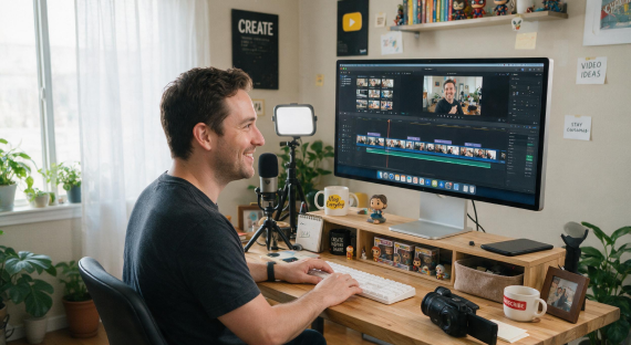 Social media creator editing short-form video in a home studio