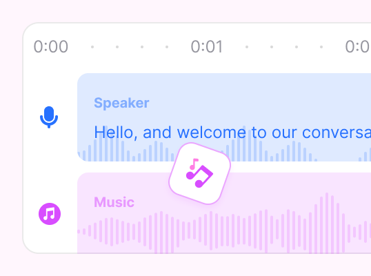 Audio editing timeline with speaker and music tracks
