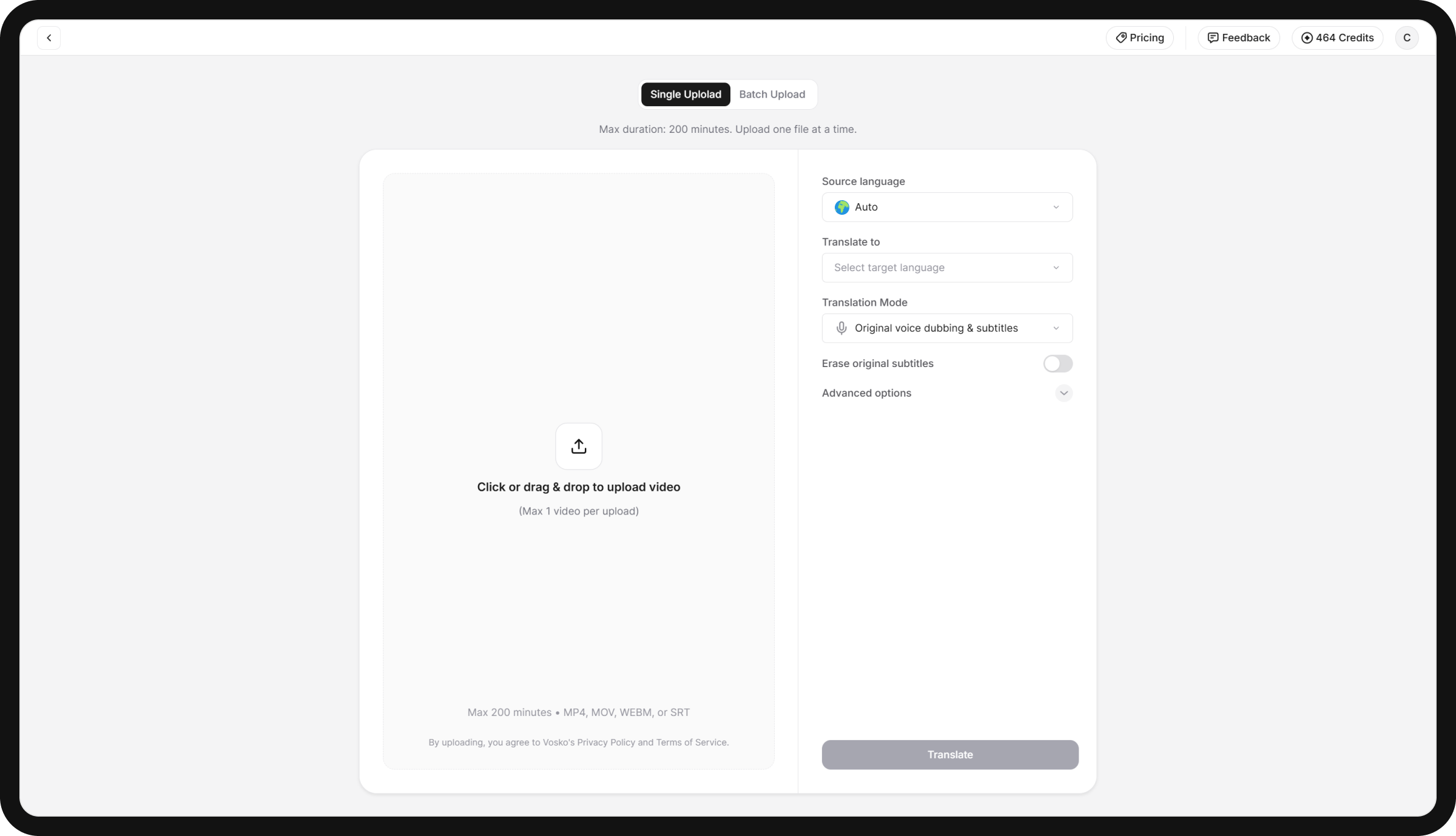 Dubbing workspace interface showing side-by-side translated scripts, speaker separation, video preview, and audio timeline