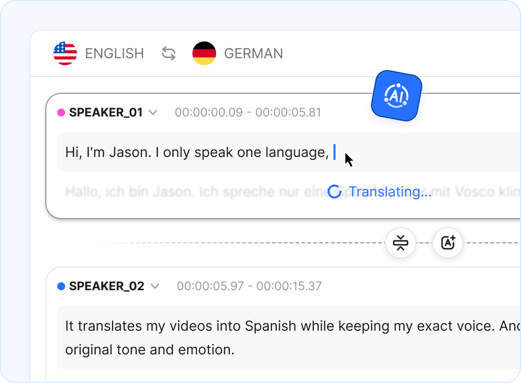 Side-by-side script editor with real-time translation and timing alignment