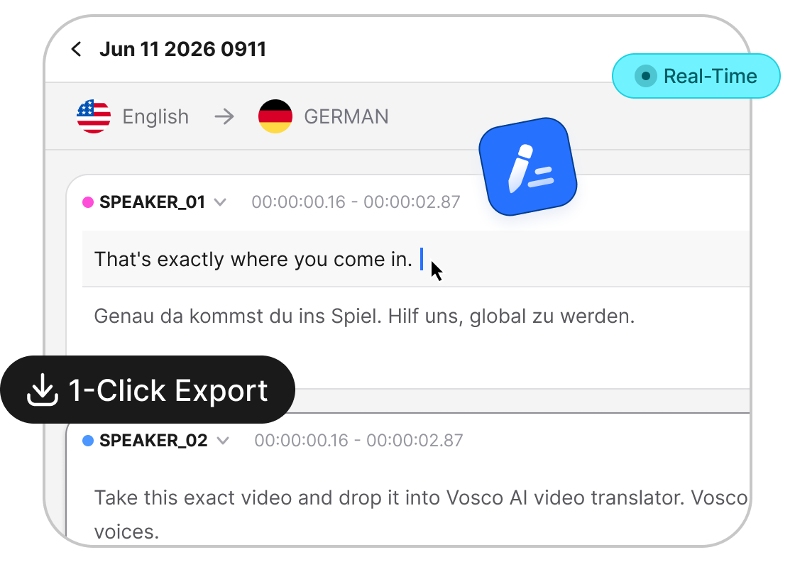 Real-time transcript editor with Italian to Chinese translation and one-click export controls