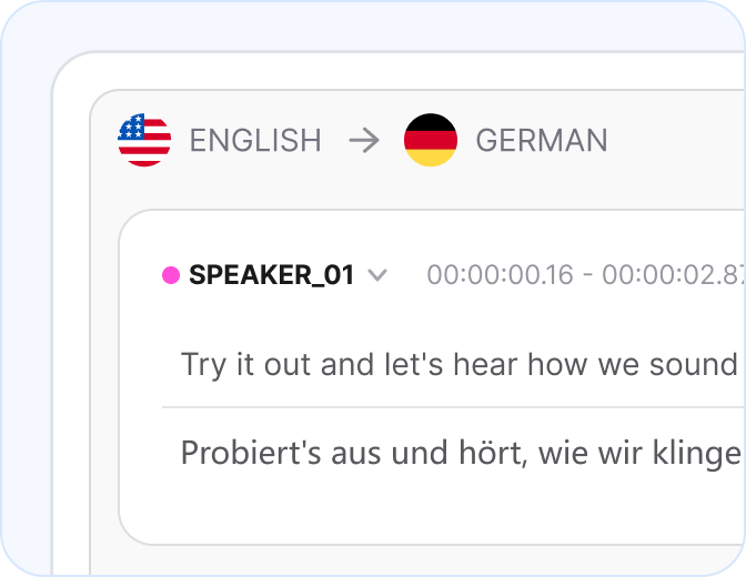 AI translation editor with English to Chinese language selection and speaker timeline