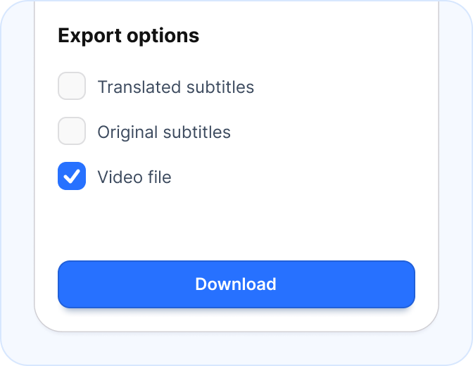 Export options panel with subtitle and video file download choices