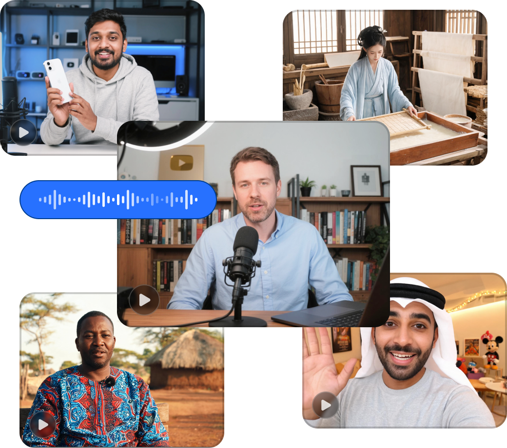 Global creators collage showing multilingual video dubbing across tech reviews, travel vlogs, and studio recordings
