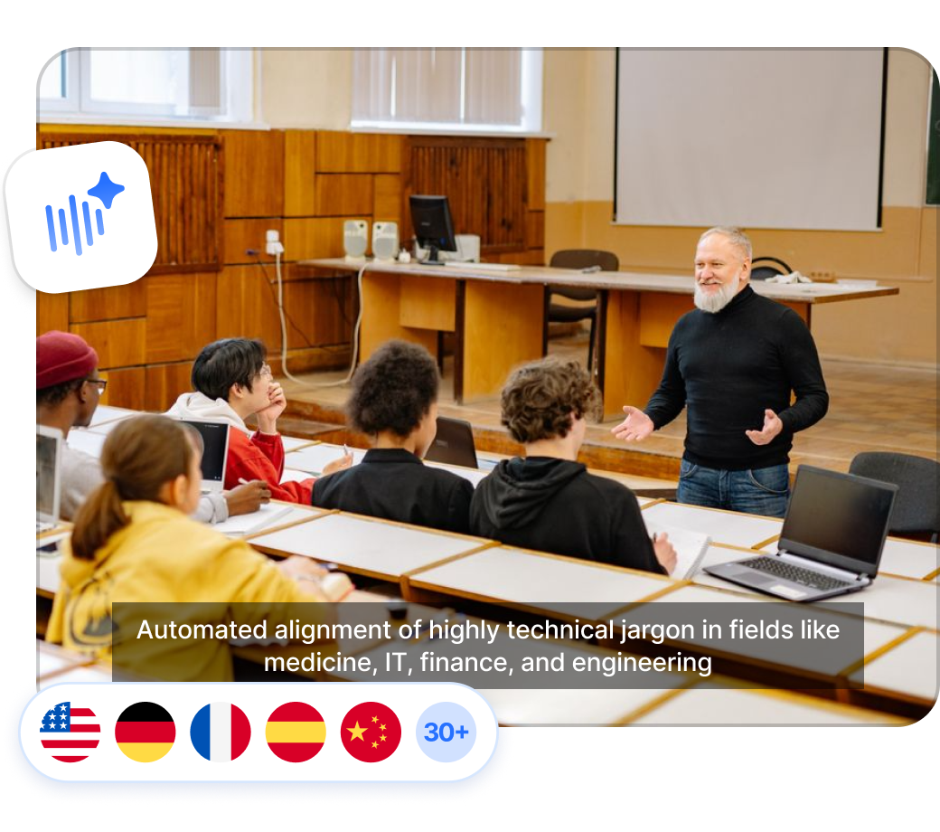 E-learning classroom lecture translated into multiple languages with instructor voice cloning and language flags