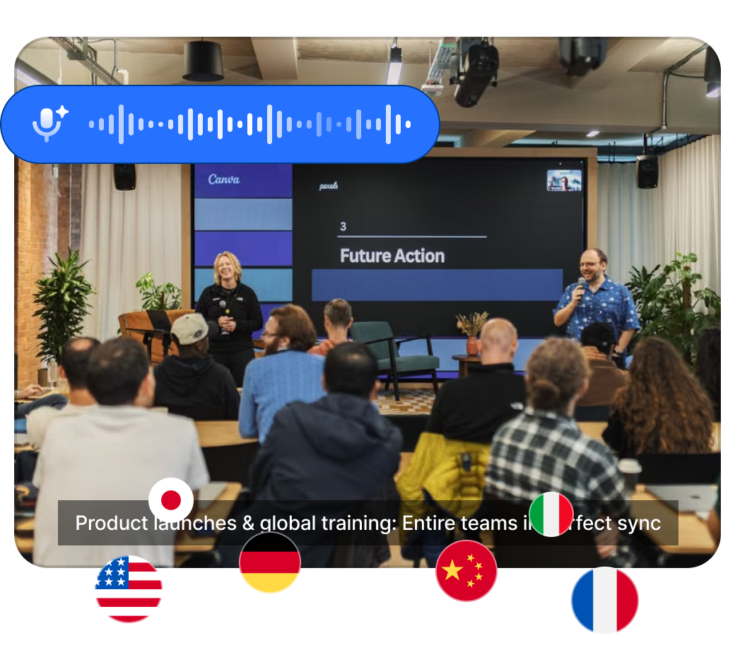 Enterprise product launch presentation translated for global teams with multilingual flag options