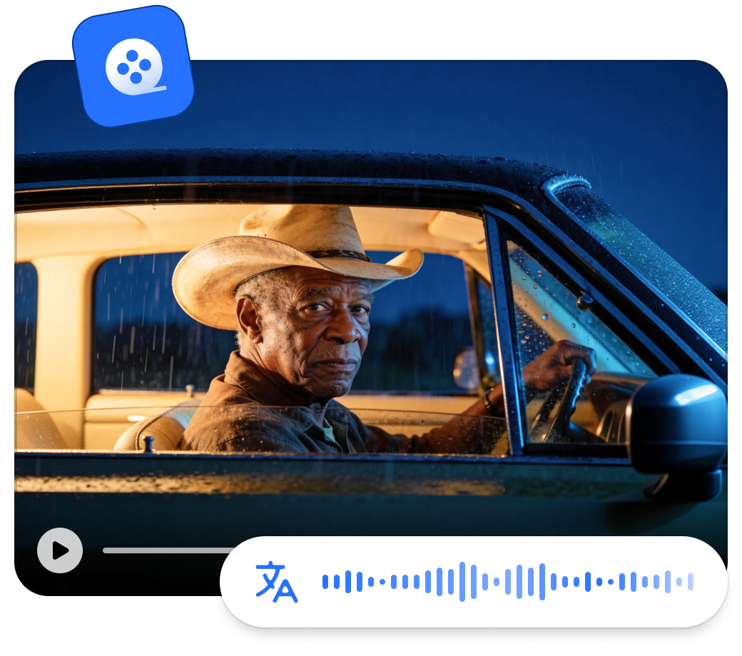 Film and documentary dubbing preview showing cinematic scene translation with audio waveform controls