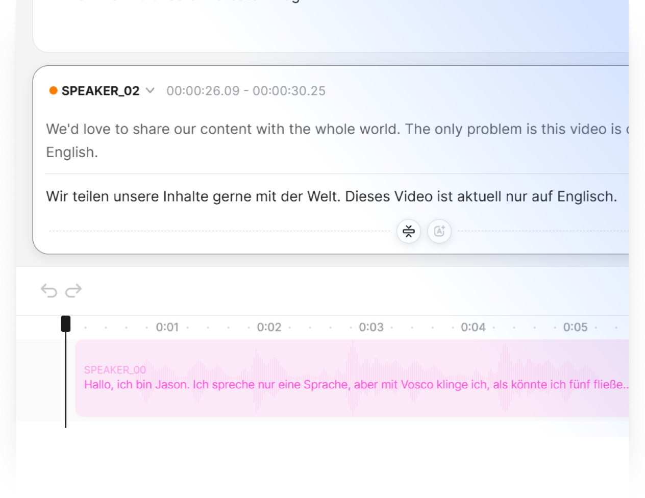 Video translation editor interface with bilingual subtitles and audio timeline